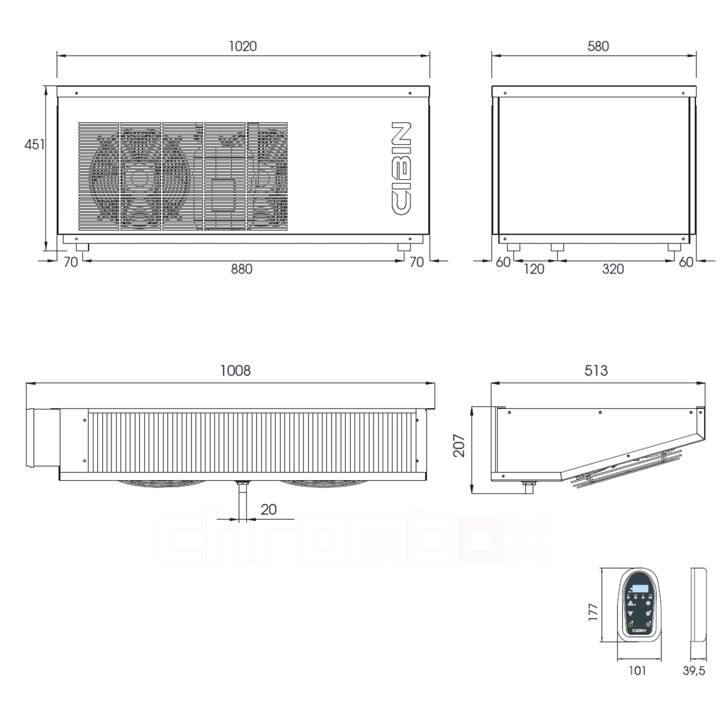 Technische Zeichnung zu Split-Kühlaggregat Cibin TAIGA bis 10 m3, steckerfertig