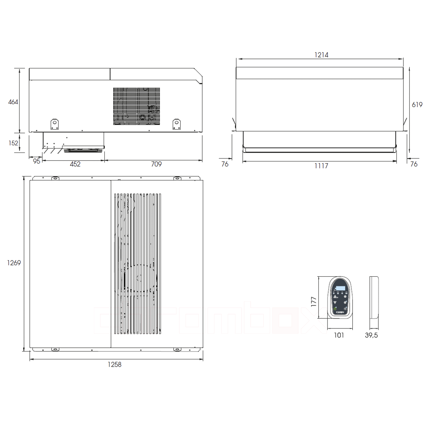 Technische Zeichnung zu Decken-Tiefkühlaggregat Cibin KUMA bis 27 m3, steckerfer