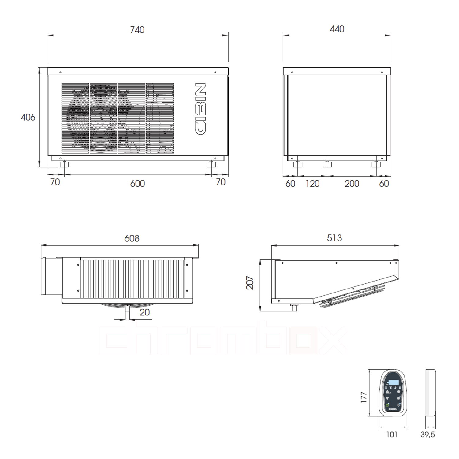Technische Zeichnung zu Split-Kühlaggregat Cibin TAIGA bis 3 m3, steckerfertig