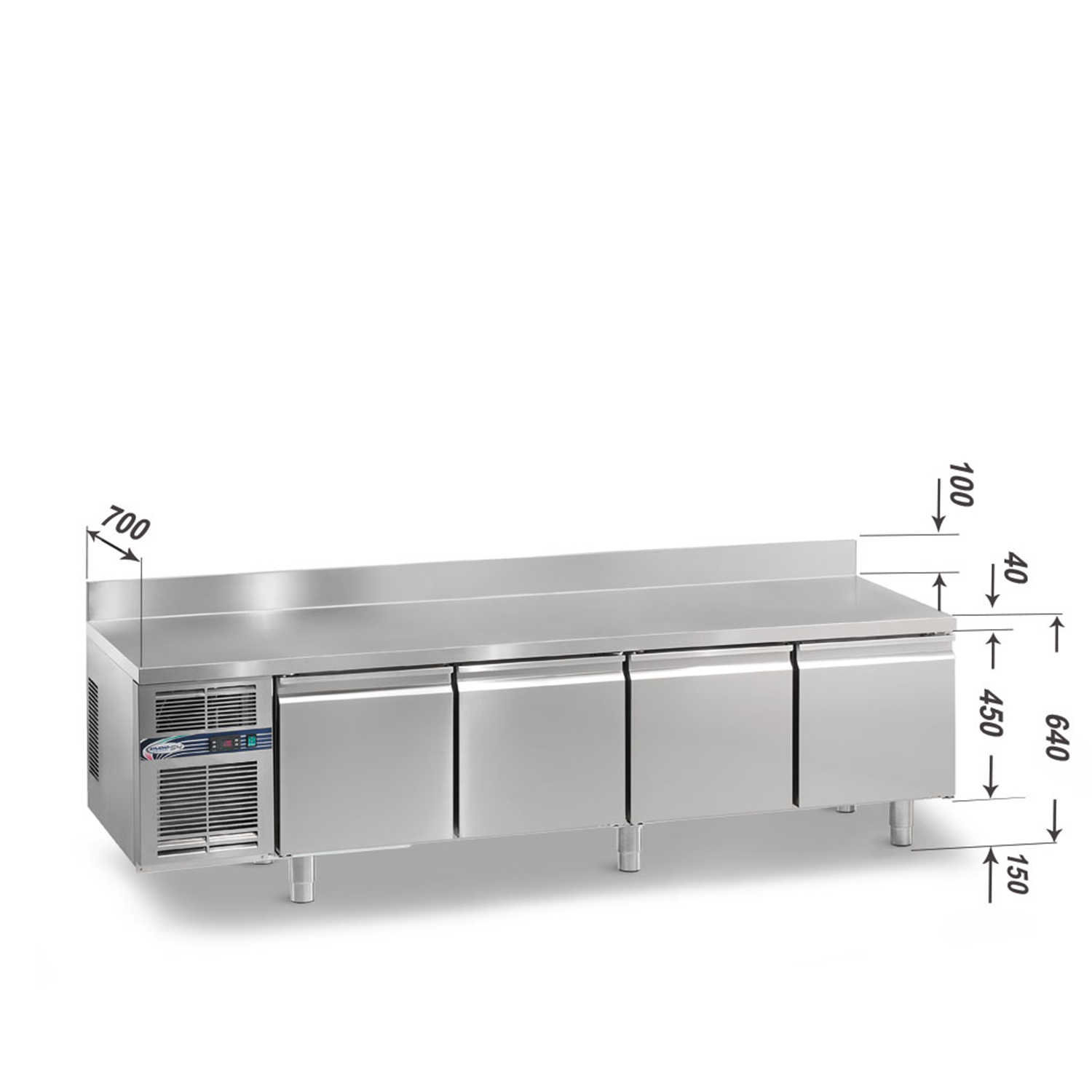 Kühltisch DAIQUIRI Top Line H450 GN 1/1, B 2200  x T 700 x H 640+100 mm, 4 Kühlfächer, Arbeitsplatte mit Aufkantung