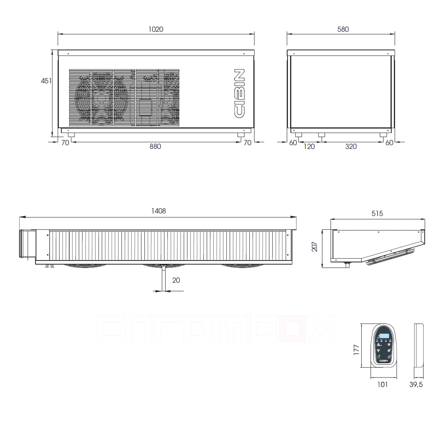 Technische Zeichnung zu Split-Kühlaggregat Cibin TAIGA bis 17 m3, steckerfertig