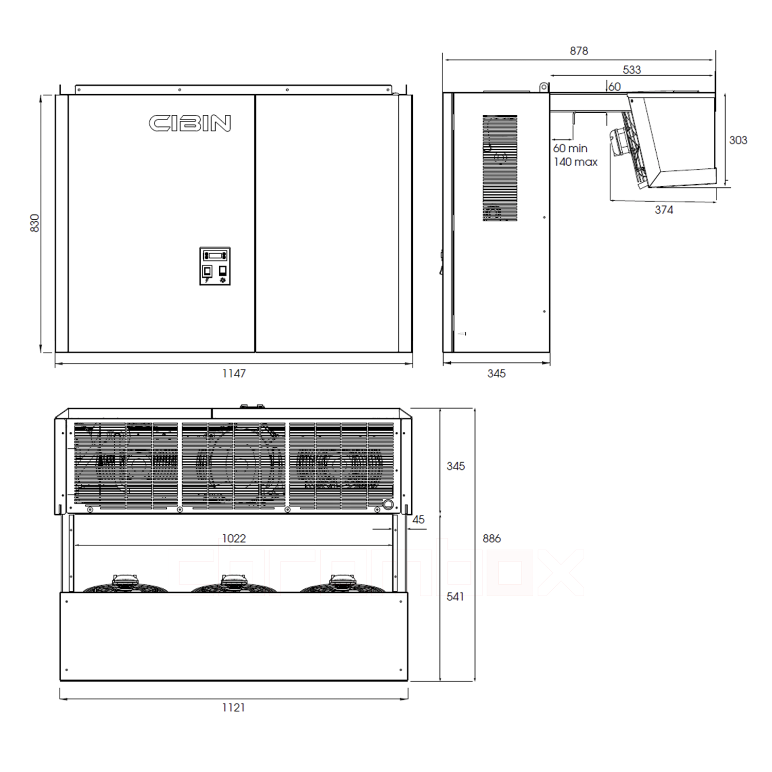 Technische Zeichnung zu Huckepack-Tiefkühlaggregat Cibin LAIKA bis 20 m3, steckerfertig