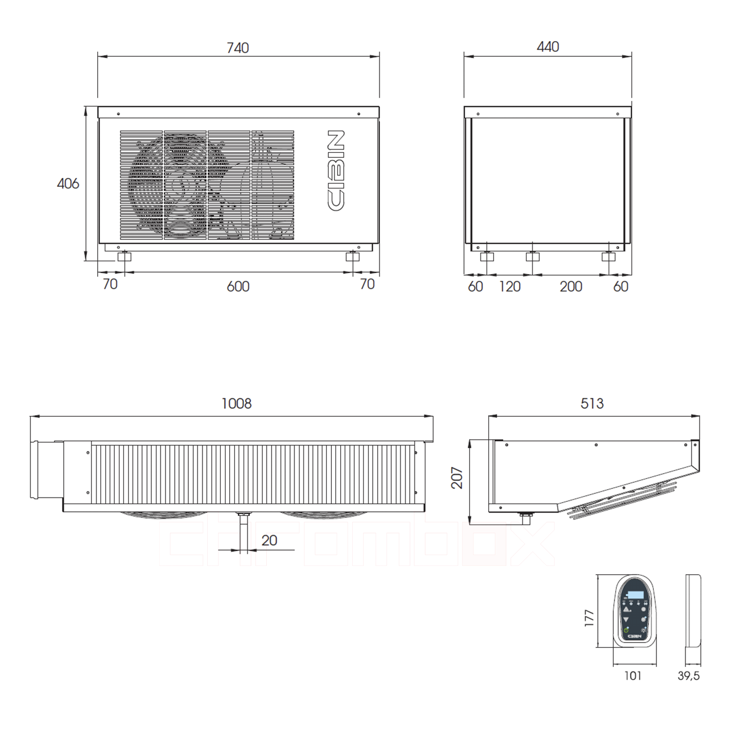 Technische Zeichnung zu Split-Kühlaggregat Cibin TAIGA bis 8 m3, steckerfertig