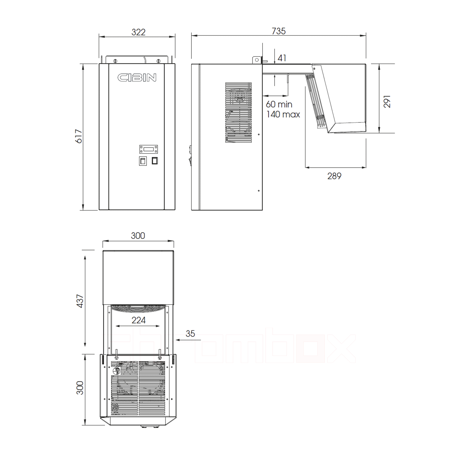 Technische Zeichnung zu Huckepack-Kühlaggregat Cibin LAIKA bis 2 m3, steckerfertig