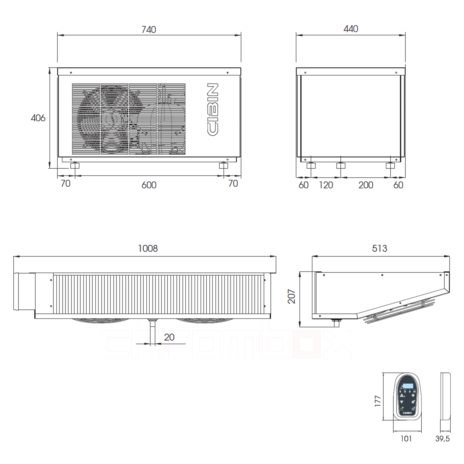 Technische Zeichnung zu Split-Tiefkühlaggregat Cibin TAIGA bis 6 m3, steckerfertig