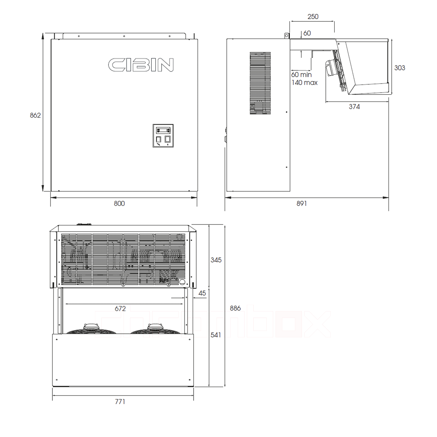 Technische Zeichnung zu Huckepack-Tiefkühlaggregat Cibin LAIKA bis 12 m3, steckerfertig