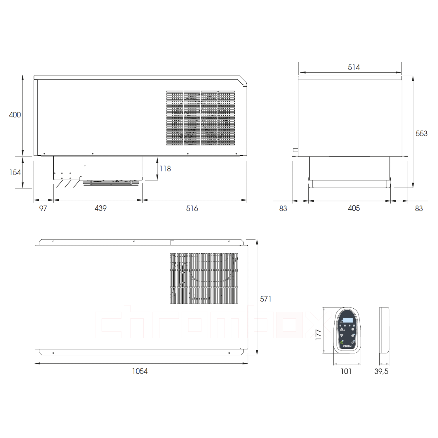 Technische Zeichnung zu Decken-Tiefkühlaggregat Cibin KUMA bis 6 m3, steckerfertig