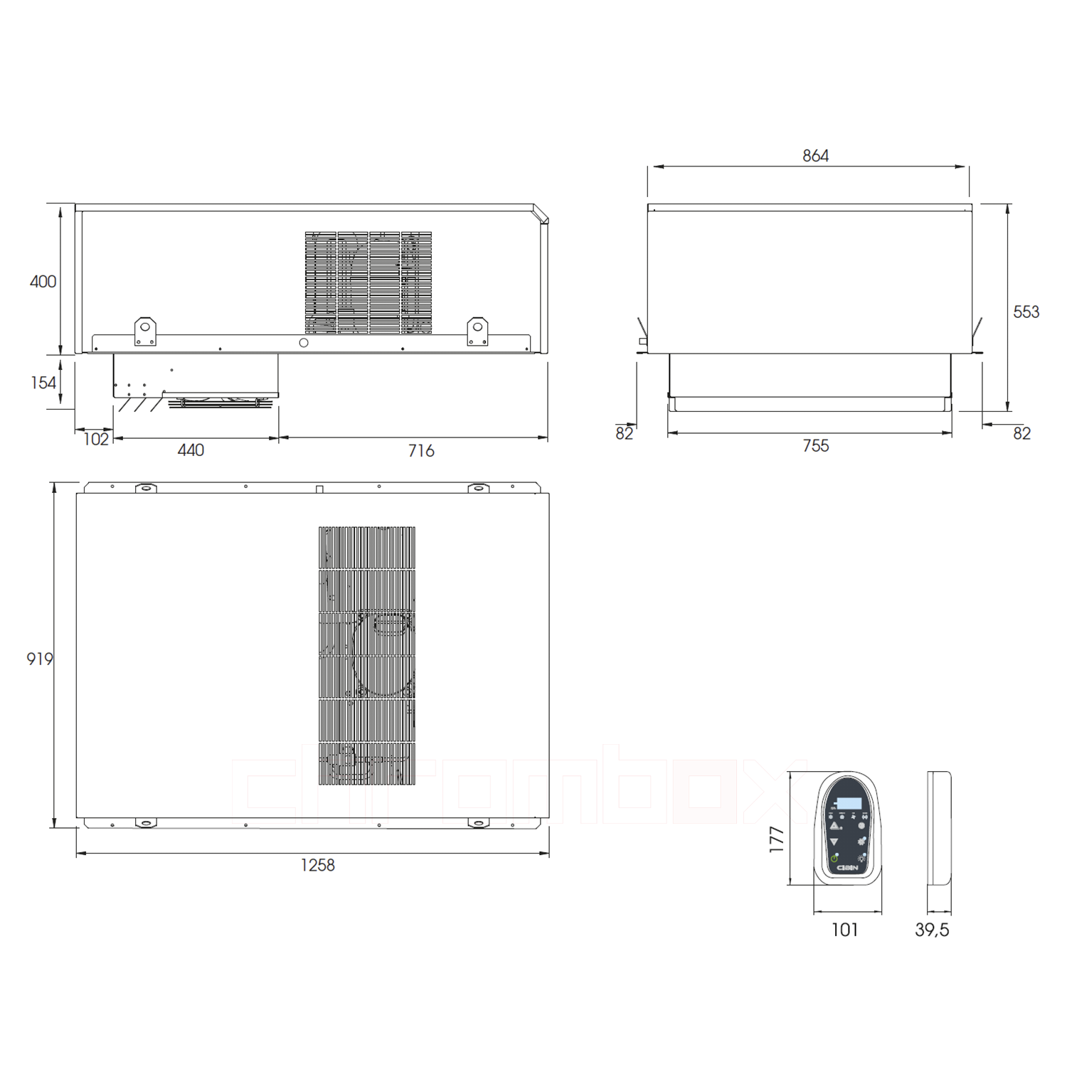 Technische Zeichnung zu Decken-Tiefkühlaggregat Cibin KUMA bis 17 m3, steckerfertig