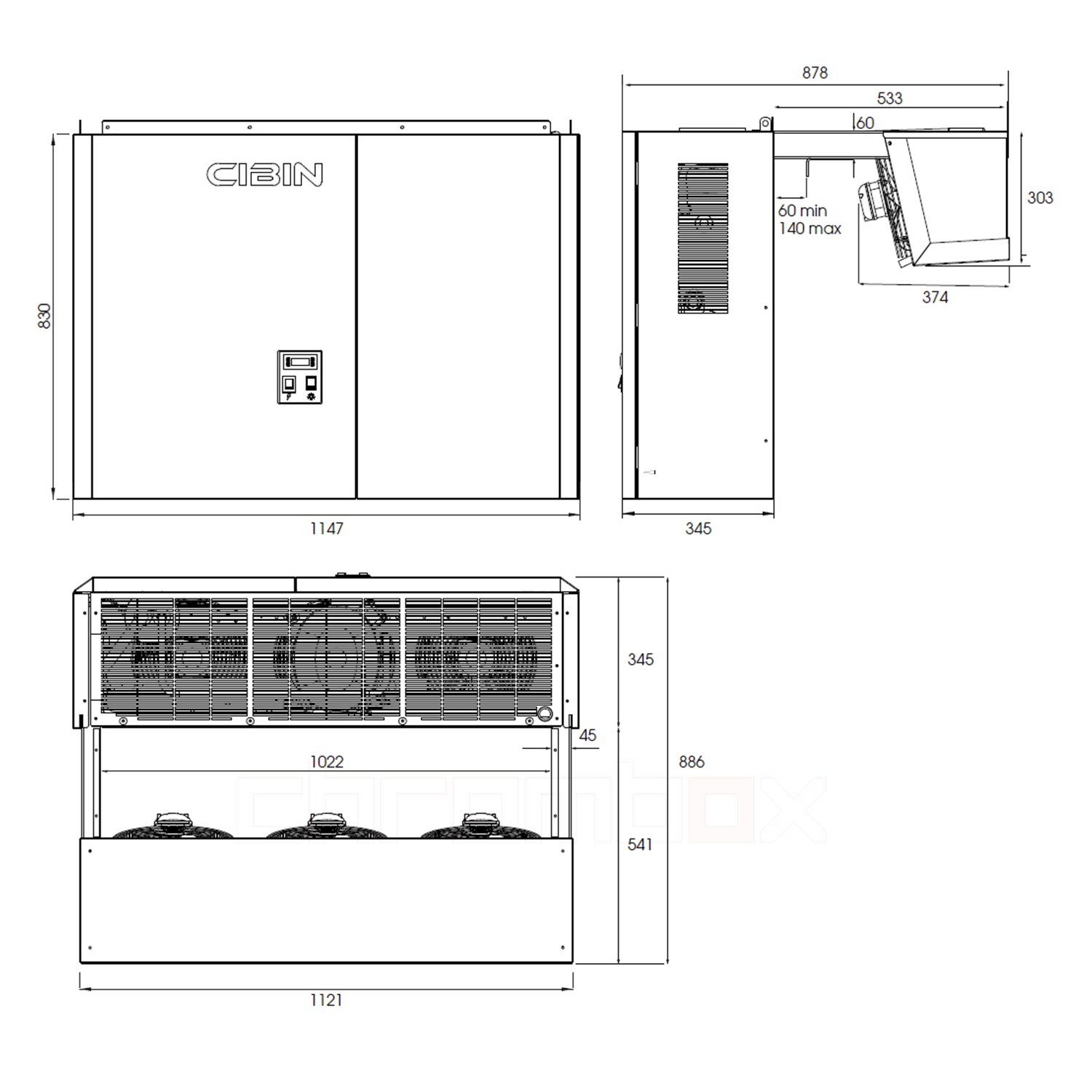Technische Zeichnung zu Huckepack-Kühlaggregat Cibin LAIKA bis 20 m3, steckerfertig