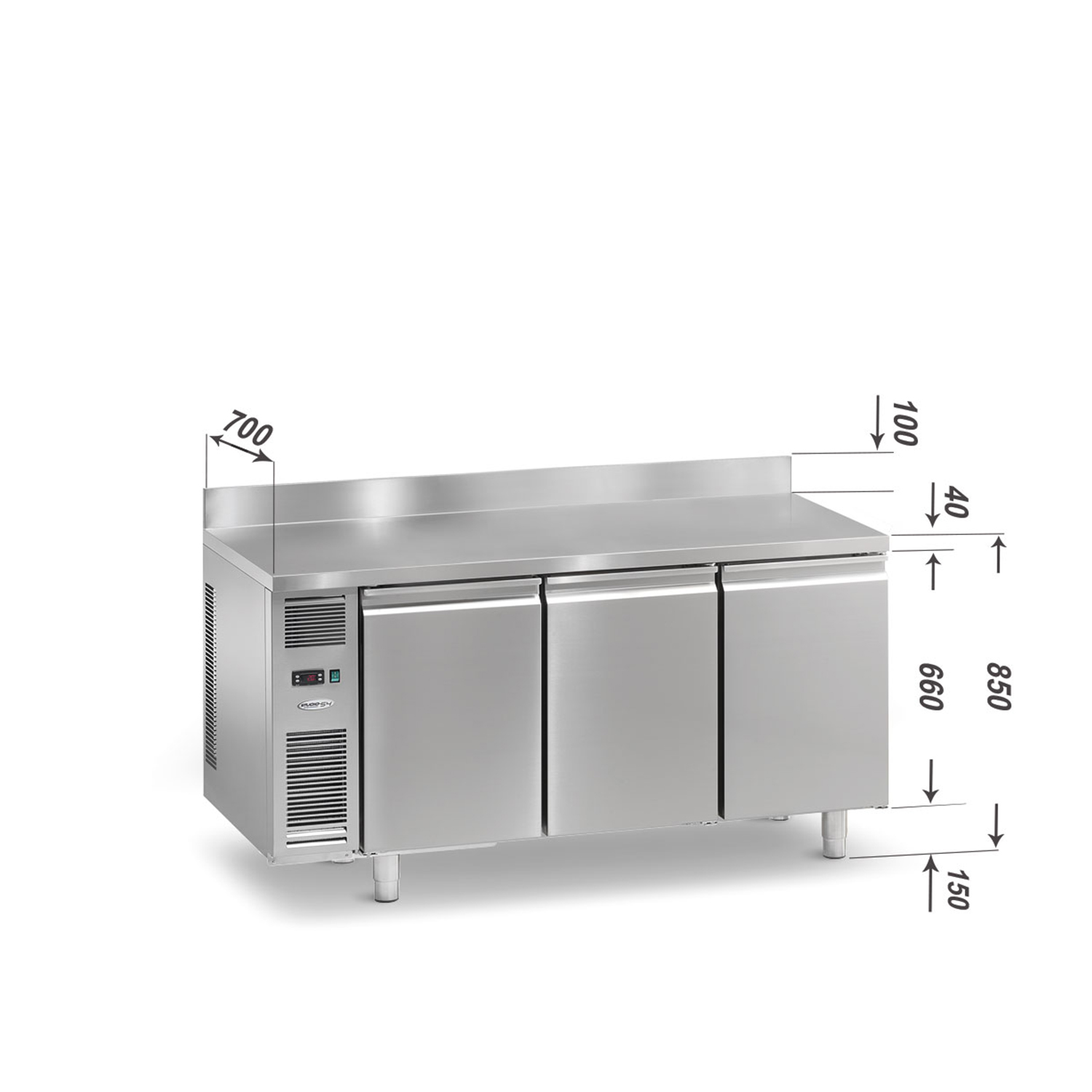 Kühltisch DAIQUIRI Top Line GREEN SMART H660 GN 1/1, B 1620  x T 700 x H 850+100 mm, 3 Kühlfächer, Arbeitsplatte mit Aufkantung